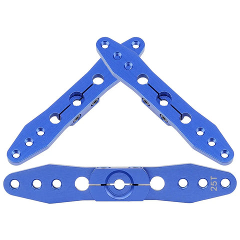 Three Piece Aluminum RC Clamping 25T Servo Horns Set With Double Arm Steering Arms for 1/8 and 1/10 scale RC cars, blue