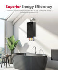 Natural Gas Tankless Water Heater Delivering Whole House Flow Up To 7.6 GPM At 199000 BTU mounted in a modern bathroom.