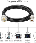 PL-259 UHF CB Coax Cable 10ft Low Loss RG58 showing connectors and supported devices like ham radio and SWR meter.