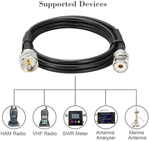 PL-259 UHF CB Coax Cable 10ft Low Loss RG58 showing connectors and supported devices like ham radio and SWR meter.