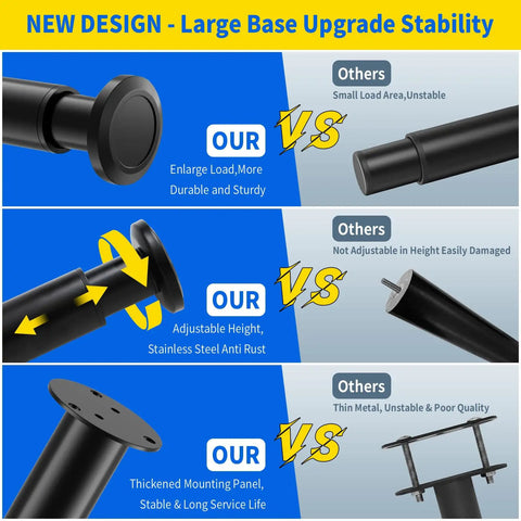 Heavy Duty Adjustable Cabinet Legs With Swivel Base Leveling Kit, Black Metal Furniture Feet Set For Uneven Floors showing large base design and comparisons.