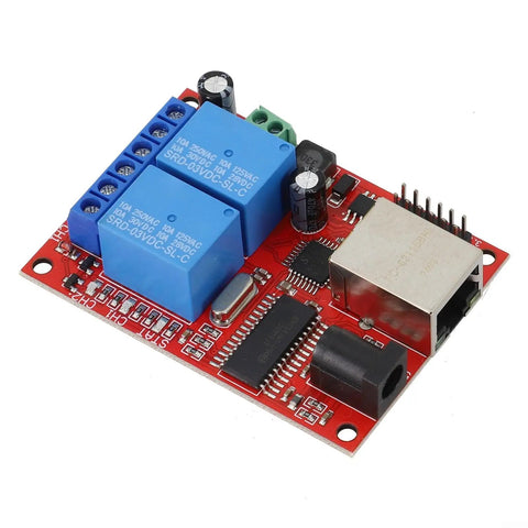 Industrial Ethernet 2 Way Relay Board Delay Switch Controller Module With STC Chip DC 5V To 24V, red PCB view