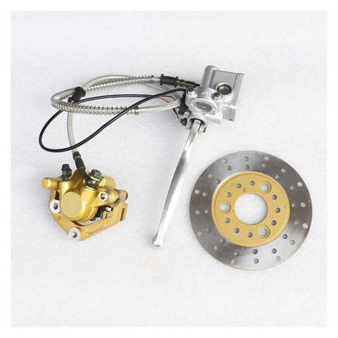 Z50R Hydraulic Front Brake Caliper Disc Kit For Monkey 50cc Bikes with gold caliper and silver disc on white background