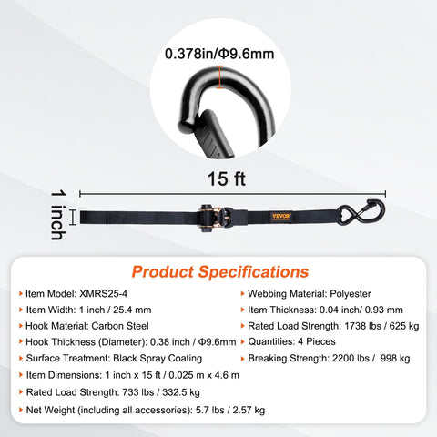 Heavy Duty Ratchet Tie Down Straps 1 Inch By 15 Feet 4 Pack With Padded Handles Coated S Hooks Soft Loop 2,200 Pound Break Strength chart