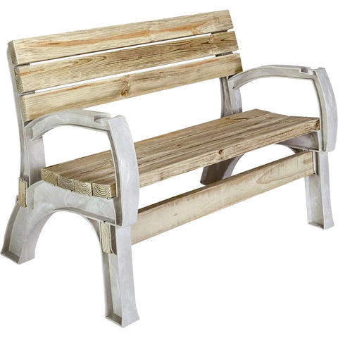 Customizable Outdoor Chair And Bench Ends Brackets For Any Size Seating Weatherproof Heavy Duty Resin DIY Friendly Build Your Own 2 Foot Chair To 6 Foot Bench With Easy Straight Cuts Sand Finish, showcasing a 4-foot bench made with wooden planks.