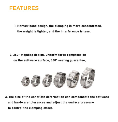Narrow band Single Ear Oetiker Hose Clamp Kit With 92 Pcs Crimp Clamps Eight Size Range 6.0 to 22.6mm 304 stainless steel