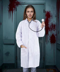 Breathable White Lab Coat Costume For Scientists And Docs Unisex Long Sleeve Adult Lab Coat For Halloween Cosplay Science Nurse Student Outfit Durable White Lab Coat For Women And Men on model in spooky setting