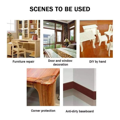 Images showcasing uses of Wood Grain Repair Tape Self Adhesive Patch 4.7 Inch By 32 Feet Ideal For Tables Chairs Baseboards Doors Windows Floors And DIY Projects Easy Peel And Stick To Match Wood Finish.