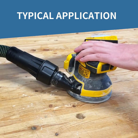 Universal 1-1/4 Inch Dust Collection Quick Connector Adapter for Vacuum Hoses attached to a sander on a wooden table