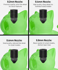 Upgraded S1 S1C Hotend Kit showing 0.2 0.4 0.6 0.8mm nozzles for ceramic rapid heating 3D printer use, green model backdrop.