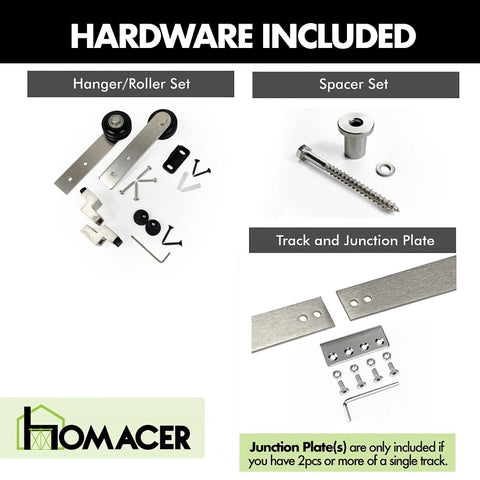 Mini Brushed Nickel Sliding Barn Door Hardware Kit for Two Doors, components including hanger, roller, spacer, track, and junction plate