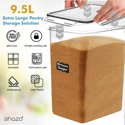 Hand holding Two Pack Extra Large 9.5L Food Storage Canisters with airtight lids, BPA Free, containing brown sugar, for kitchen pantry organization.