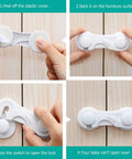Four Pack Child Safety Cabinet Locks being applied with strong adhesive tape, showing easy no-drill installation for baby proofing.