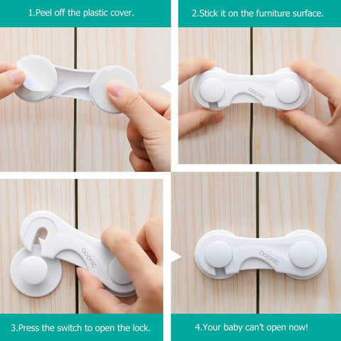Four Pack Child Safety Cabinet Locks being applied with strong adhesive tape, showing easy no-drill installation for baby proofing.