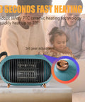 Portable Mini Space Heater For Home And Office, Energy Efficient With Overheat Protection, Retro Style, green with a family in background.