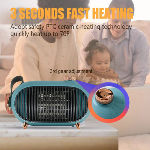 Portable Mini Space Heater For Home And Office, Energy Efficient With Overheat Protection, Retro Style, green with a family in background.