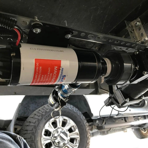 01 Series Macerator Pump 12V DC 12 GPM 45 LPM Open Flow Self Priming Anti Clog Run Dry Heavy Duty Marine Pump installed under vehicle