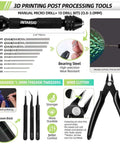 3D printing tools including manual micro drill, drill bits, tweezers, and wire cutter from Must Have 76 Piece 3D Printer Tools Kit With Bag.