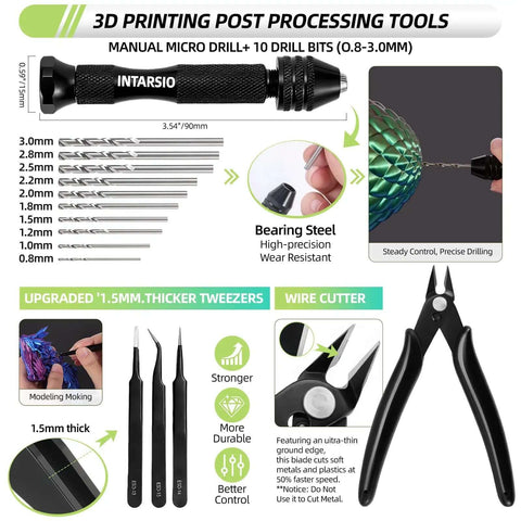 3D printing tools including manual micro drill, drill bits, tweezers, and wire cutter from Must Have 76 Piece 3D Printer Tools Kit With Bag.