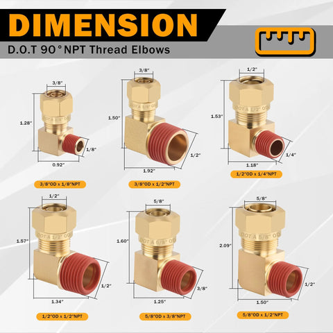 Brass DOT 90-degree compression fittings, 6 pcs, 1/4 in tube OD to 1/4 in NPT, automotive air line elbows