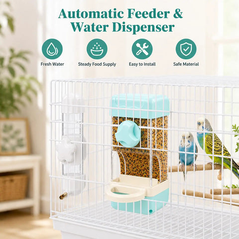 Top Tier Bird Water And Food Dispenser Set With Snap On Magnetic Tray And Drip Free Design For Parakeets Cockatiels And Lovebirds Zero Stress Maintenance inside cage with food and water setup.