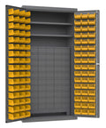Built Like A Tank All Welded 14 Gauge Steel Security Cabinet With 60 Roomy Drawers And 96 Hook On Bins For Hardware Organization 1800 Lbs Industrial Garage Locker, open view with yellow bins.