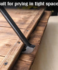 Heavy Duty Rolling Head Indexing Pry Bar Set Three Piece Carbon Steel Kit With Adjustable Leverage Hooks And Pointed Tips For Auto Body Work That Brings A Seriously Sick Vibe To Your Daily Grind, prying tool in tight space on wood.