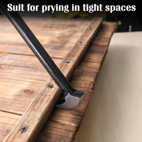 Heavy Duty Rolling Head Indexing Pry Bar Set Three Piece Carbon Steel Kit With Adjustable Leverage Hooks And Pointed Tips For Auto Body Work That Brings A Seriously Sick Vibe To Your Daily Grind, prying tool in tight space on wood.