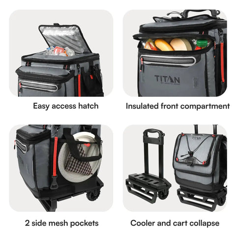 Titan Collapsible Wheeled Soft Sided Cooler with Detachable Rolling Cart showcasing easy hatch, insulated front, mesh pockets, and collapsible design.