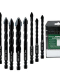 JOERIC 10pc eccentric drill bit set, sizes 3/16 to 1/2 in, with storage case.