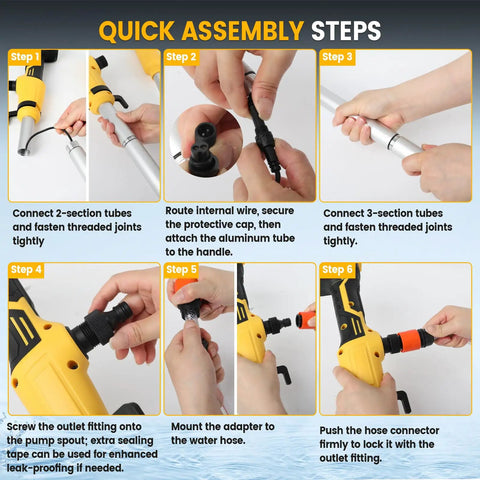 Quick assembly steps for No Brainer Heavy Duty Cordless Stick Water Transfer Pump With Brushless Motor For Fast Pool And Pond Draining 723 GPH Utility Sump Kit.