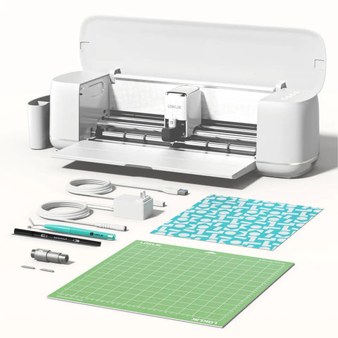 Cutting Machine 2 By HTVRONT 5 In 1 Vinyl Cutter with accessories, showing open design and tools for crafts and 3D arts.