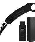 Curved blackened blade with carbon fiber handle, sheath, and box, similar to Pink Outdoor Pocket Knife For Men With Clip Two Point Nine Five Inch Blade