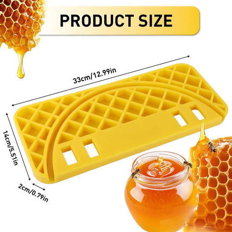 Yellow ABS Beekeeping Honey Uncapping Tank Holder For Easy Harvesting And Frame Scraper, with size dimensions and honey jar