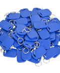 Pile of blue 13.56MHz RFID key fobs for door access with 1K ISO14443A memory, pack of 50 keychain tags