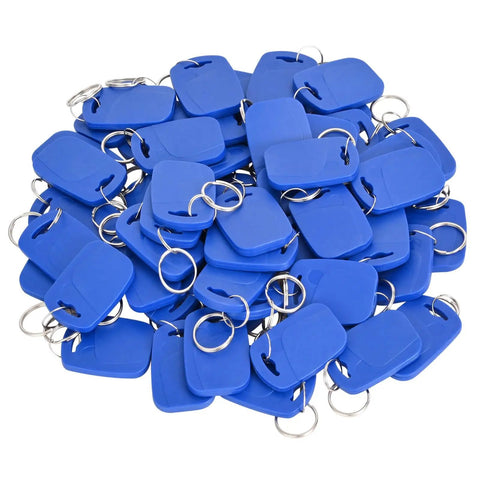 Pile of blue 13.56MHz RFID key fobs for door access with 1K ISO14443A memory, pack of 50 keychain tags