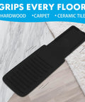 Anti Slip Sustain Pedal Mat For Digital Pianos, 4 Inch By 12 Inch Foot Pad, shown on hardwood, carpet, and tile surfaces