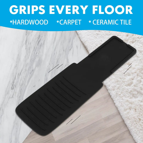 Anti Slip Sustain Pedal Mat For Digital Pianos, 4 Inch By 12 Inch Foot Pad, shown on hardwood, carpet, and tile surfaces