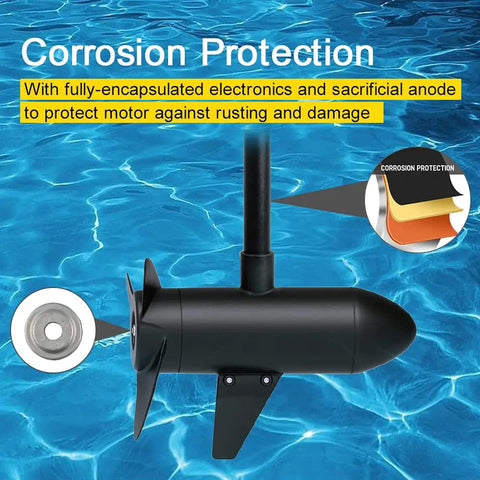 Badass 55 Lb Thrust Electric Bow Mount Trolling Motor With Remote And Foot Pedal Quick Release in water with corrosion protection features shown.