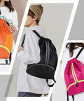 Waterproof Drawstring Gym Bag With Shoes Compartment And Wet Pocket Sports Backpack in orange, black, and pink colors.