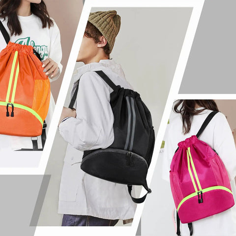 Waterproof Drawstring Gym Bag With Shoes Compartment And Wet Pocket Sports Backpack in orange, black, and pink colors.