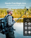Person using Lancer Camera Backpack with 1.5m extendable magic arm for hands-free POV filming, showing camera and nature background.