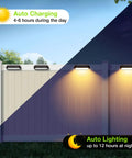 Solar Fence Lights Outdoor Waterproof 4 Pack With Warm White And RGB Color Changing Modes installed on a fence, day-night view