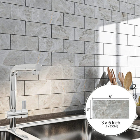 Tile Peel and Stick Backsplash 3x6 Grey Marble Subway Self-Adhesive Waterproof for Bathroom and Kitchen Wall Tiles No Grout Removable Easy Install RV Fireplace.