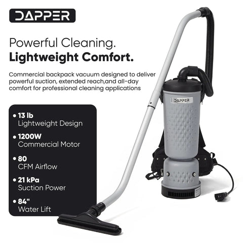 Dapper Durable 13 Pound Lightweight Backpack Vacuum Cleaner With Hepa Filter And 10.5 Qt Capacity Perfect For Hard Floors Carpet Stairs And Offices Featuring Padded Straps Chest Harness And Waist Belt For Comfortable Extended Use
