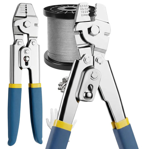 Heavy Duty Wire Rope Crimping Tool Kit With 1/16 Inch Stainless Steel Cable And Cutter, Pro Grade Crimper, 210 Aluminum Crimp Loop Sleeves, 50 Pcs Thimbles, Gloves For Railing, String Lights, And Fishing, with cable reel and cutter
