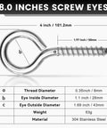 Diagram showing 8.0 inches screw eye dimensions, including 4 inch length and 0.35 inch thread diameter.