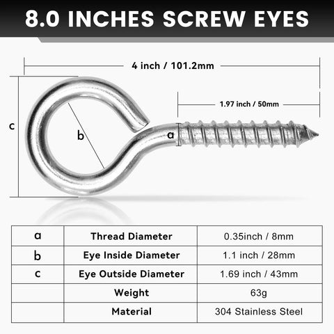 Diagram showing 8.0 inches screw eye dimensions, including 4 inch length and 0.35 inch thread diameter.