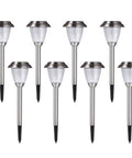 Eight Pack Solar LED Outdoor Lights Stainless Steel Pathway And Landscape Lighting For Path Patio Yard Deck Driveway And Garden Silver Finish With SunPower Panel For Bright Efficient Illumination