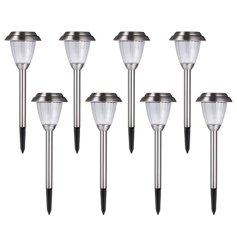 Eight Pack Solar LED Outdoor Lights Stainless Steel Pathway And Landscape Lighting For Path Patio Yard Deck Driveway And Garden Silver Finish With SunPower Panel For Bright Efficient Illumination